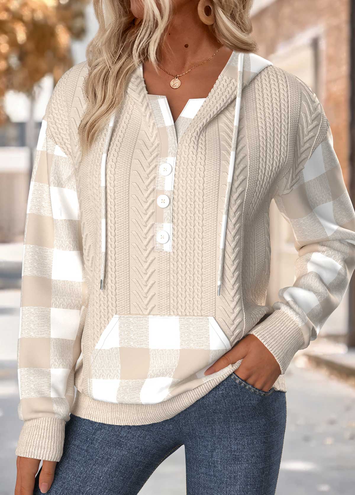 Plaid Tummy Coverage Light Camel Long Sleeve Hoodie