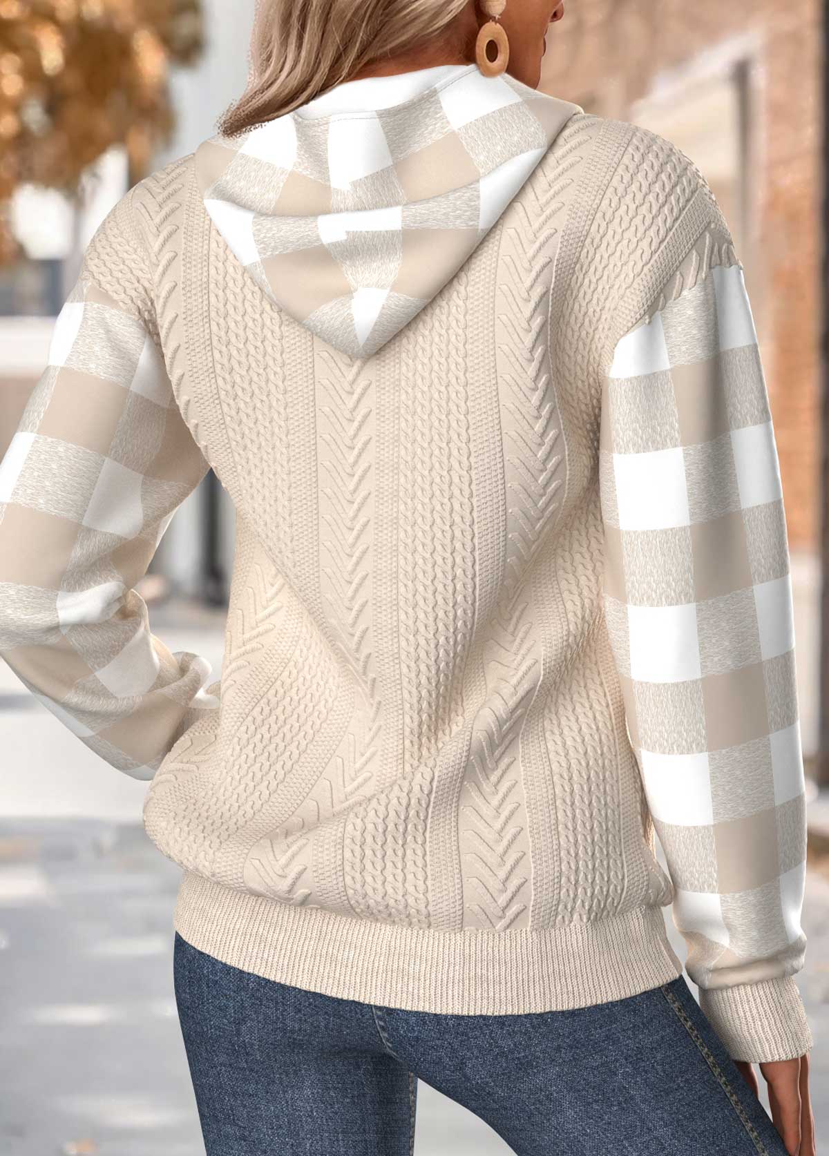 Plaid Tummy Coverage Light Camel Long Sleeve Hoodie