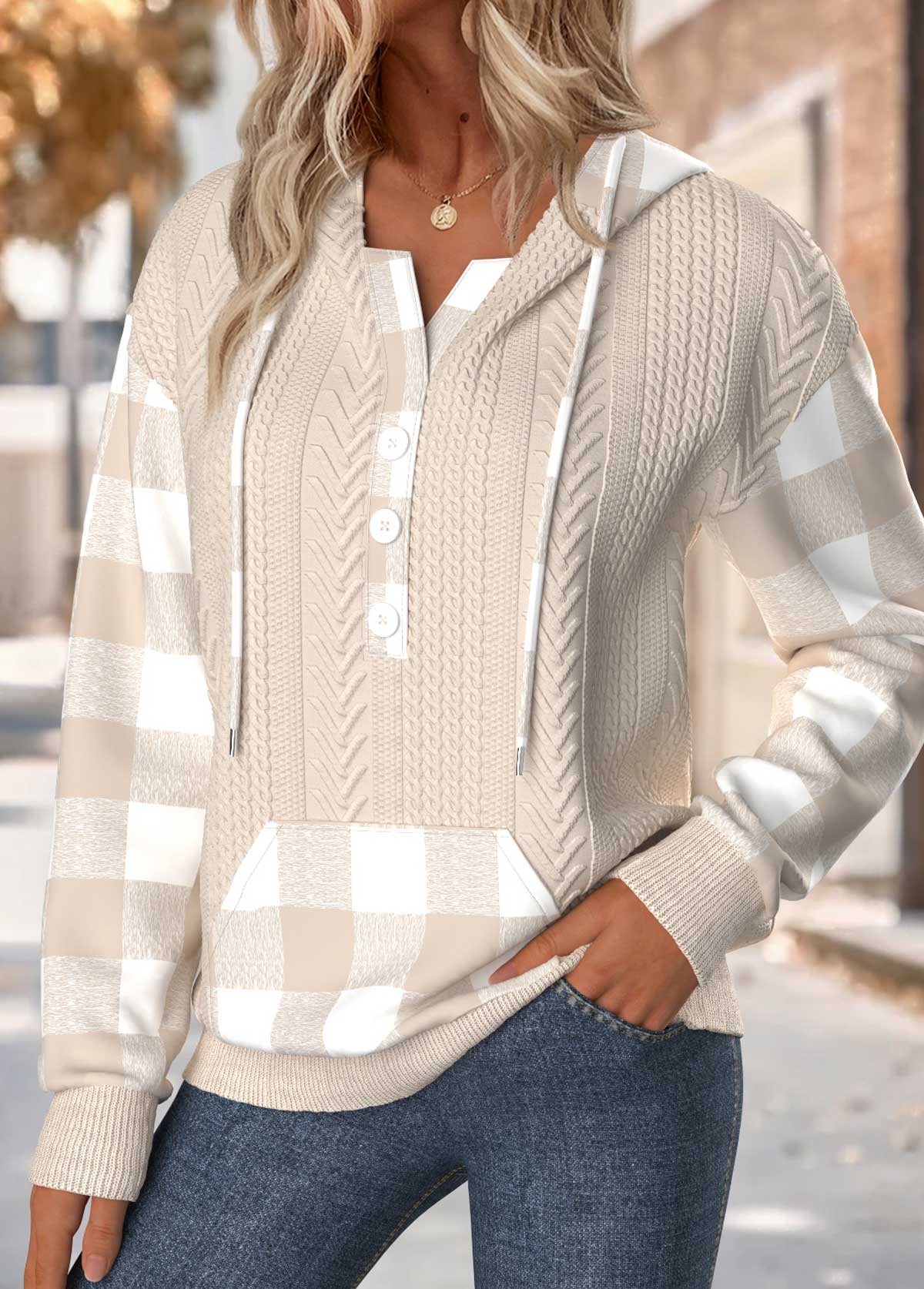 Plaid Tummy Coverage Light Camel Long Sleeve Hoodie