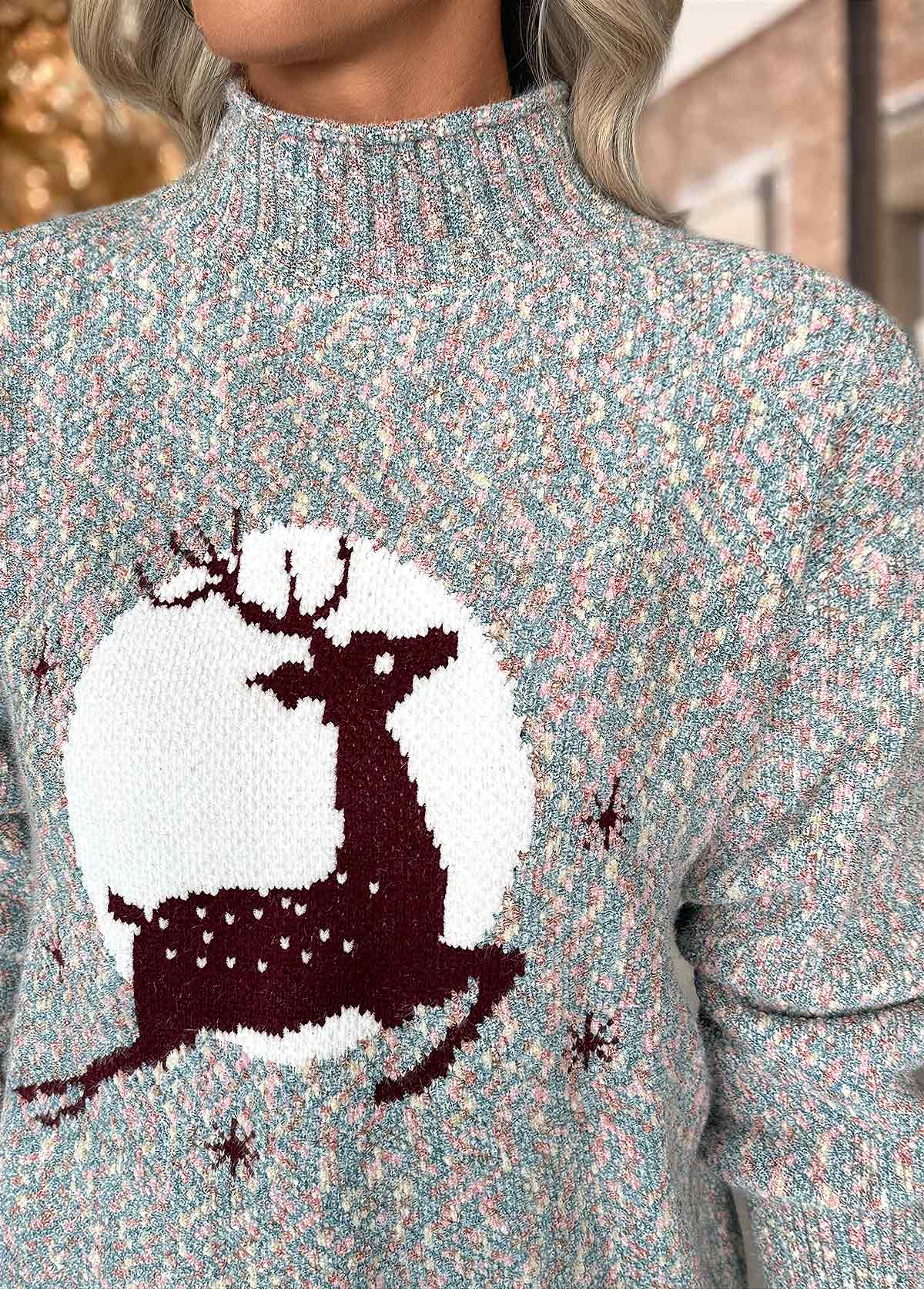 Christmas Elk Print Tummy Coverage Multi Color Sweater
