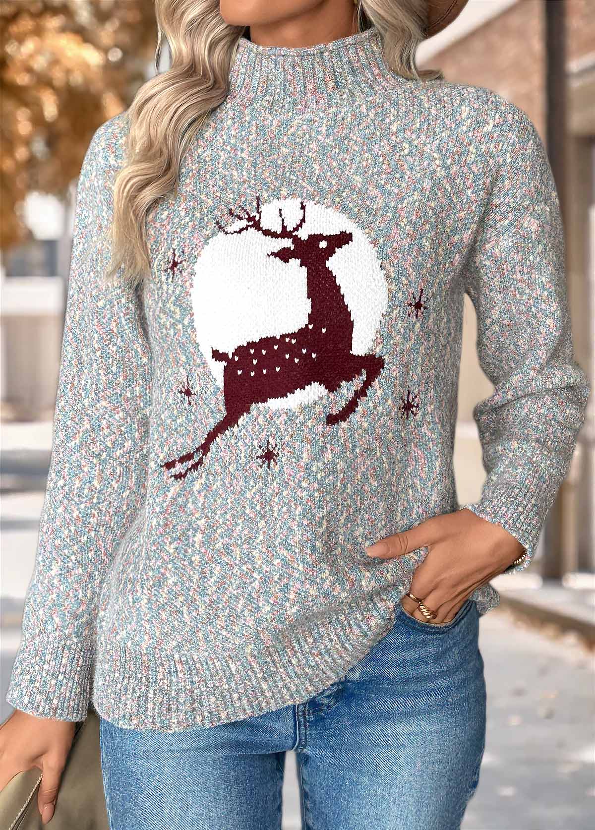 Christmas Elk Print Tummy Coverage Multi Color Sweater