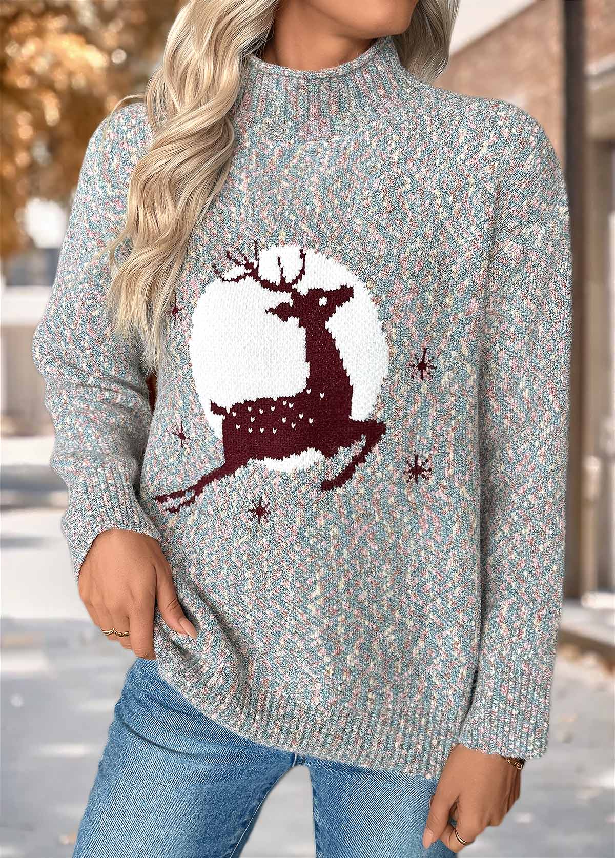 Christmas Elk Print Tummy Coverage Multi Color Sweater