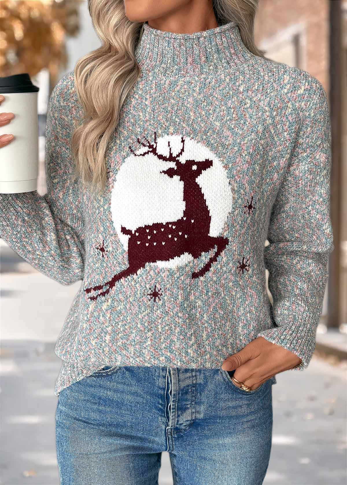 Christmas Elk Print Tummy Coverage Multi Color Sweater