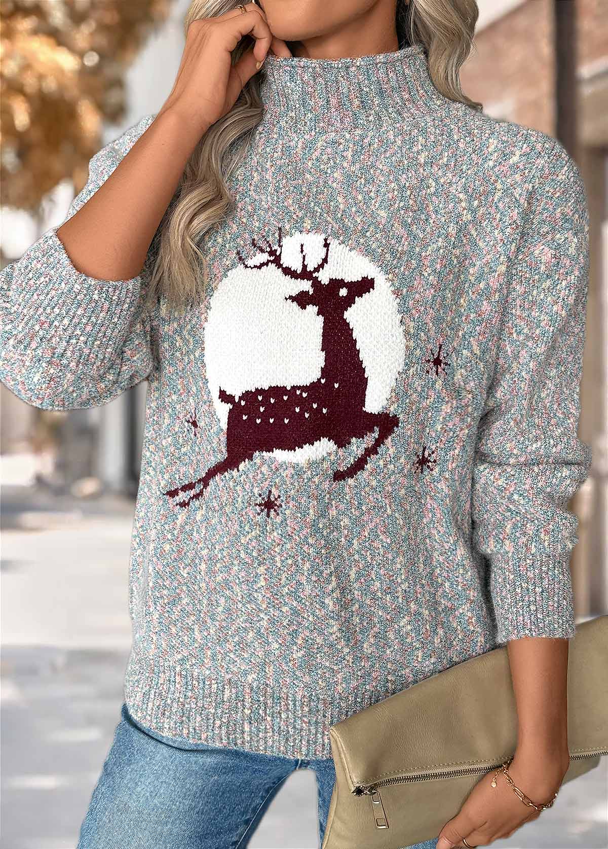 Christmas Elk Print Tummy Coverage Multi Color Sweater