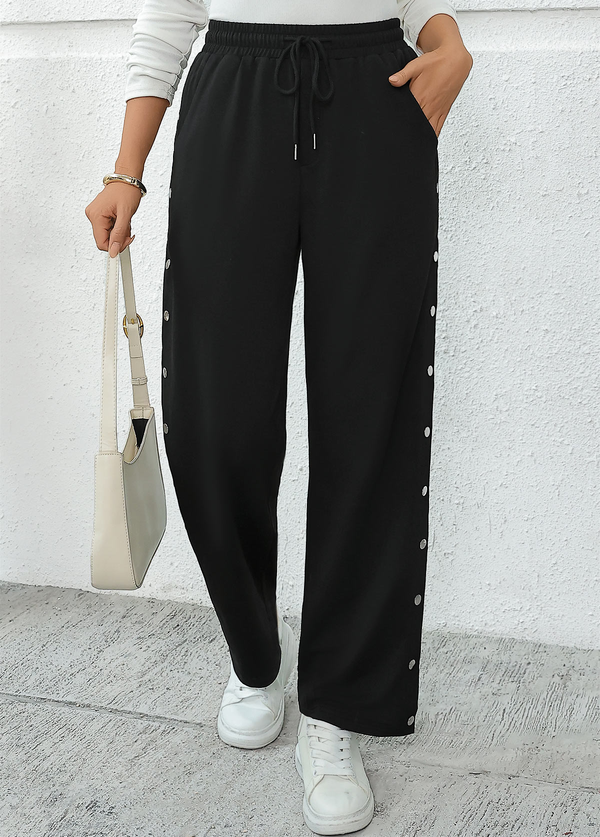 Pocket Black Wide Leg Elastic Waist High Waisted Pants