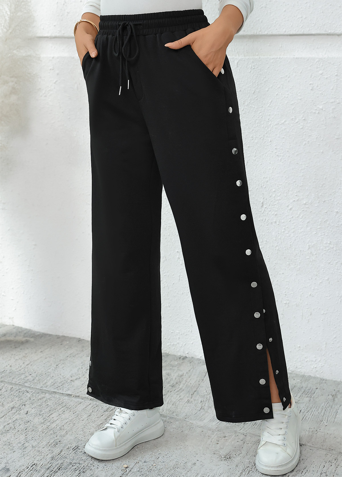 Pocket Black Wide Leg Elastic Waist High Waisted Pants