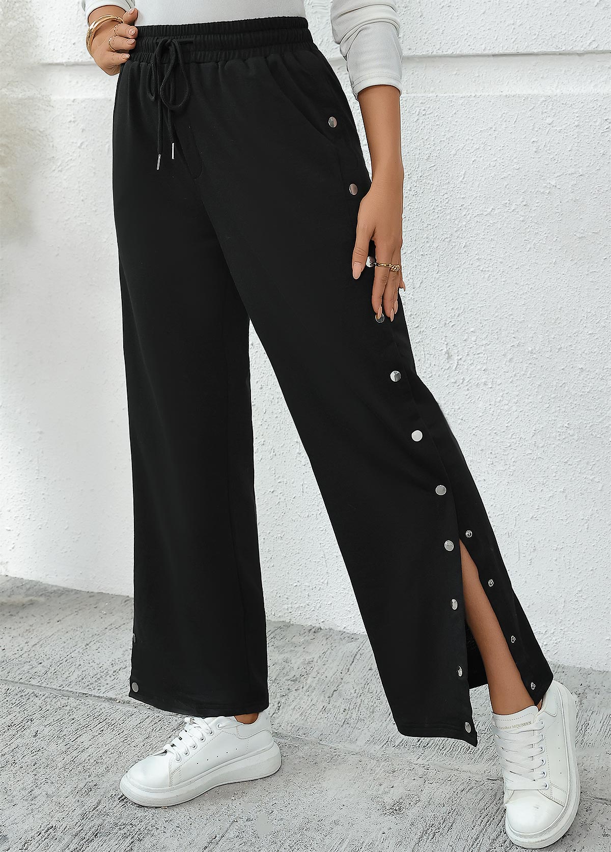 Pocket Black Wide Leg Elastic Waist High Waisted Pants