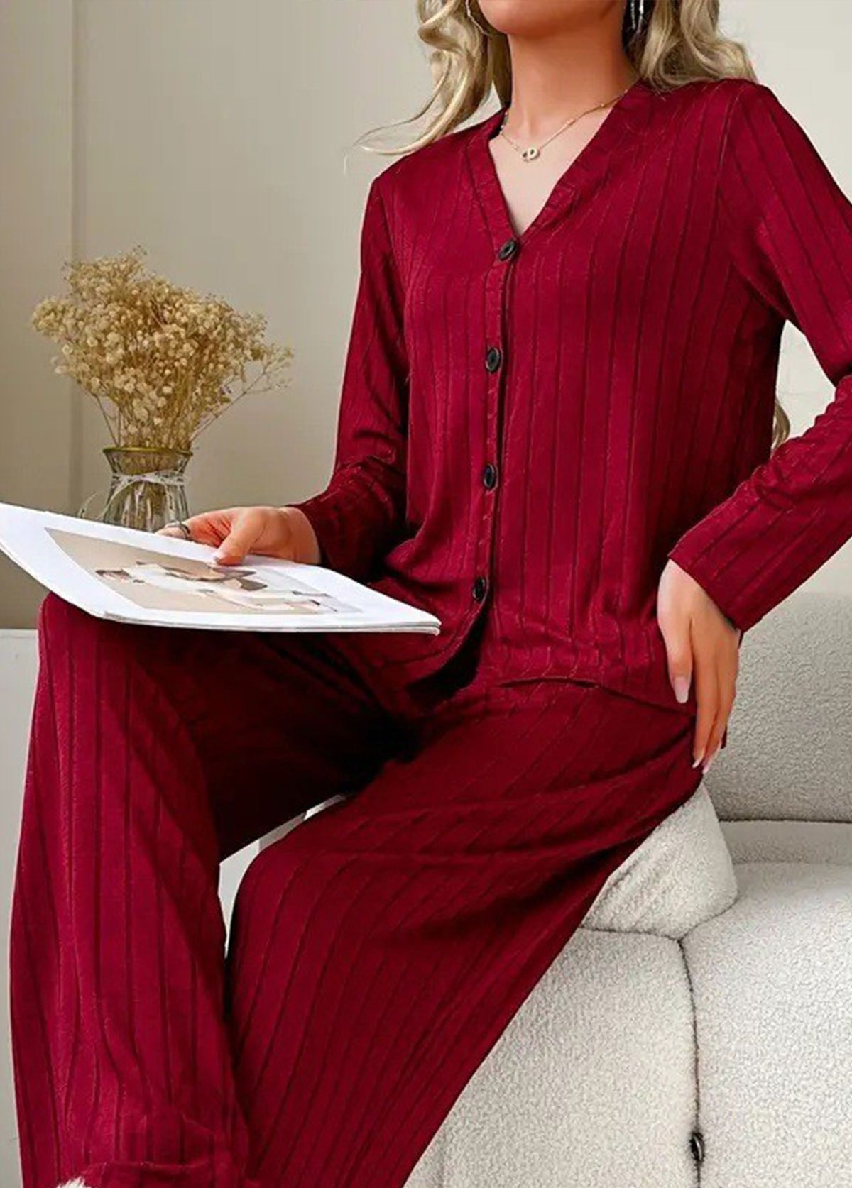 Wine Red V Neck Lounge Top and Pants