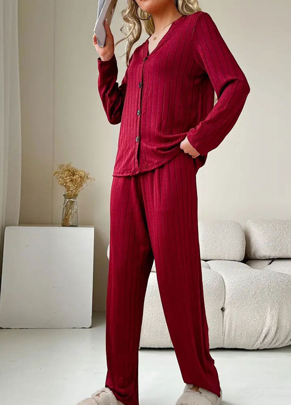 Wine Red V Neck Lounge Top and Pants