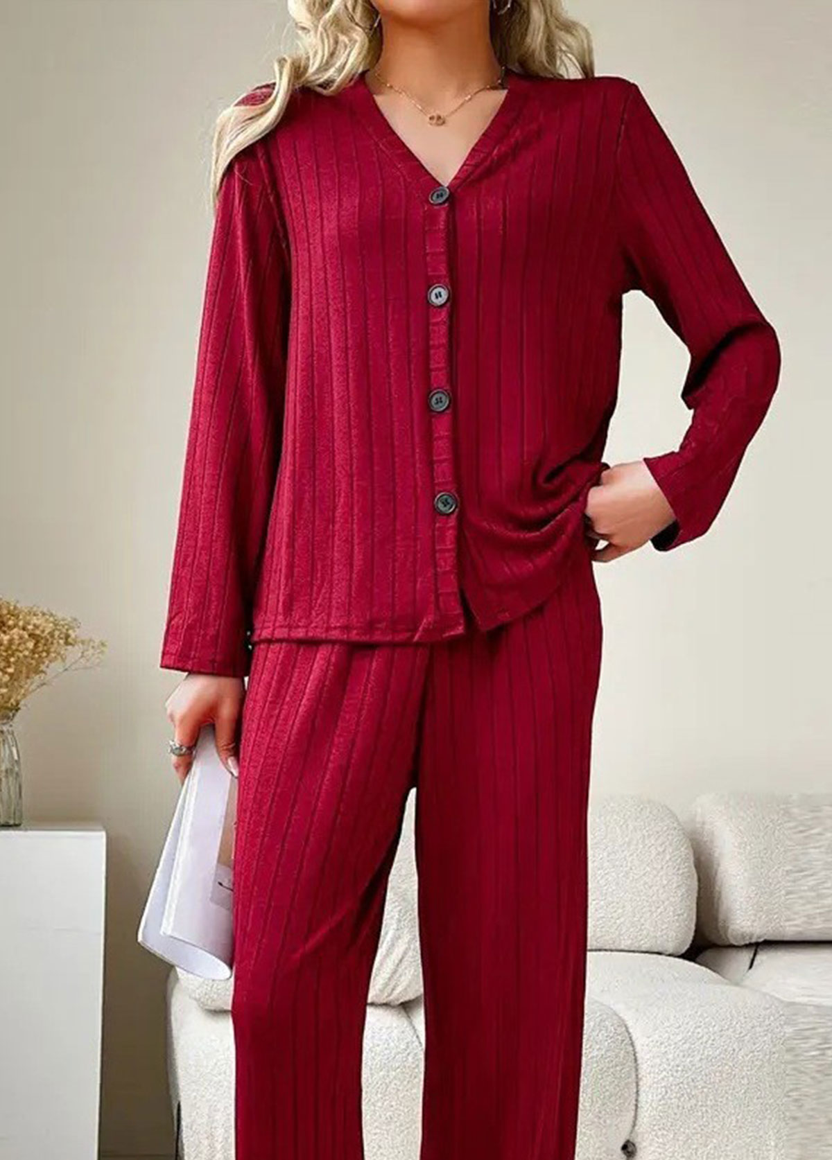 Wine Red V Neck Lounge Top and Pants