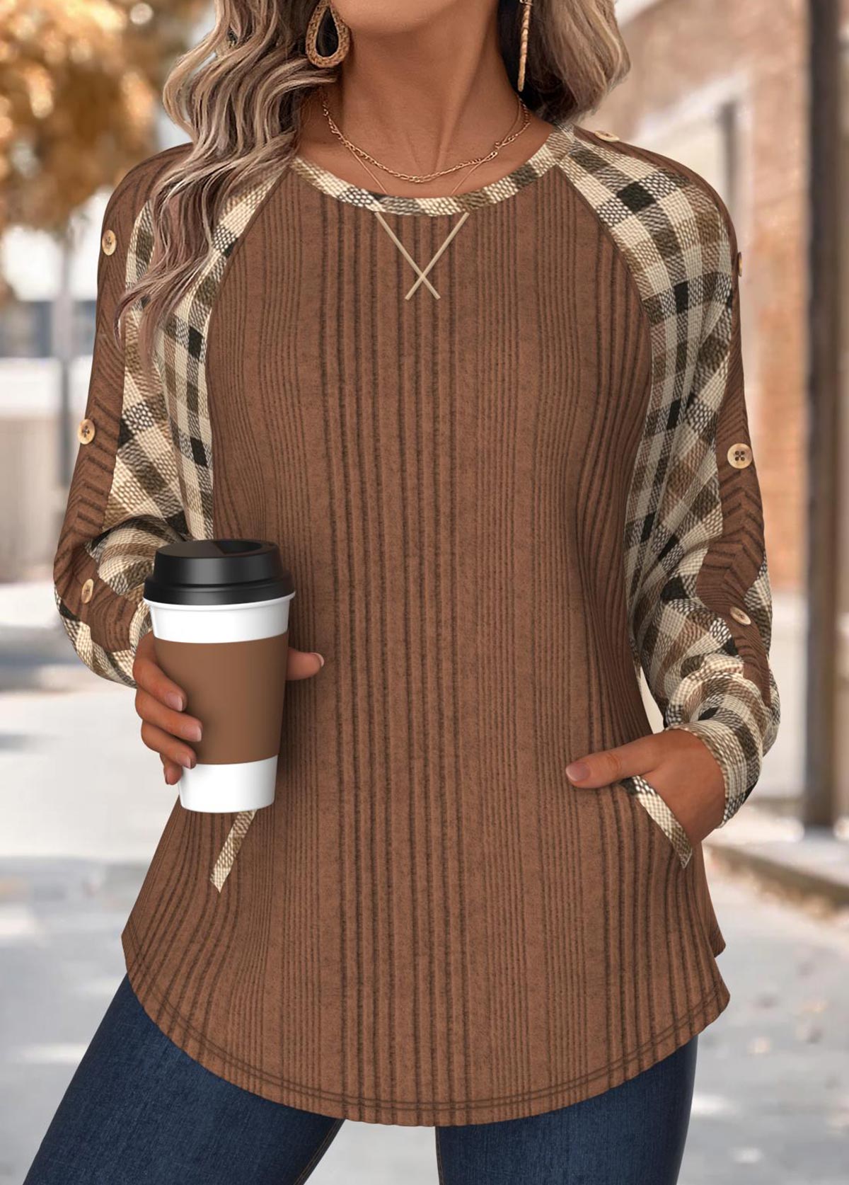 Plaid Tummy Coverage Dark Coffee Long Sleeve Sweatshirt