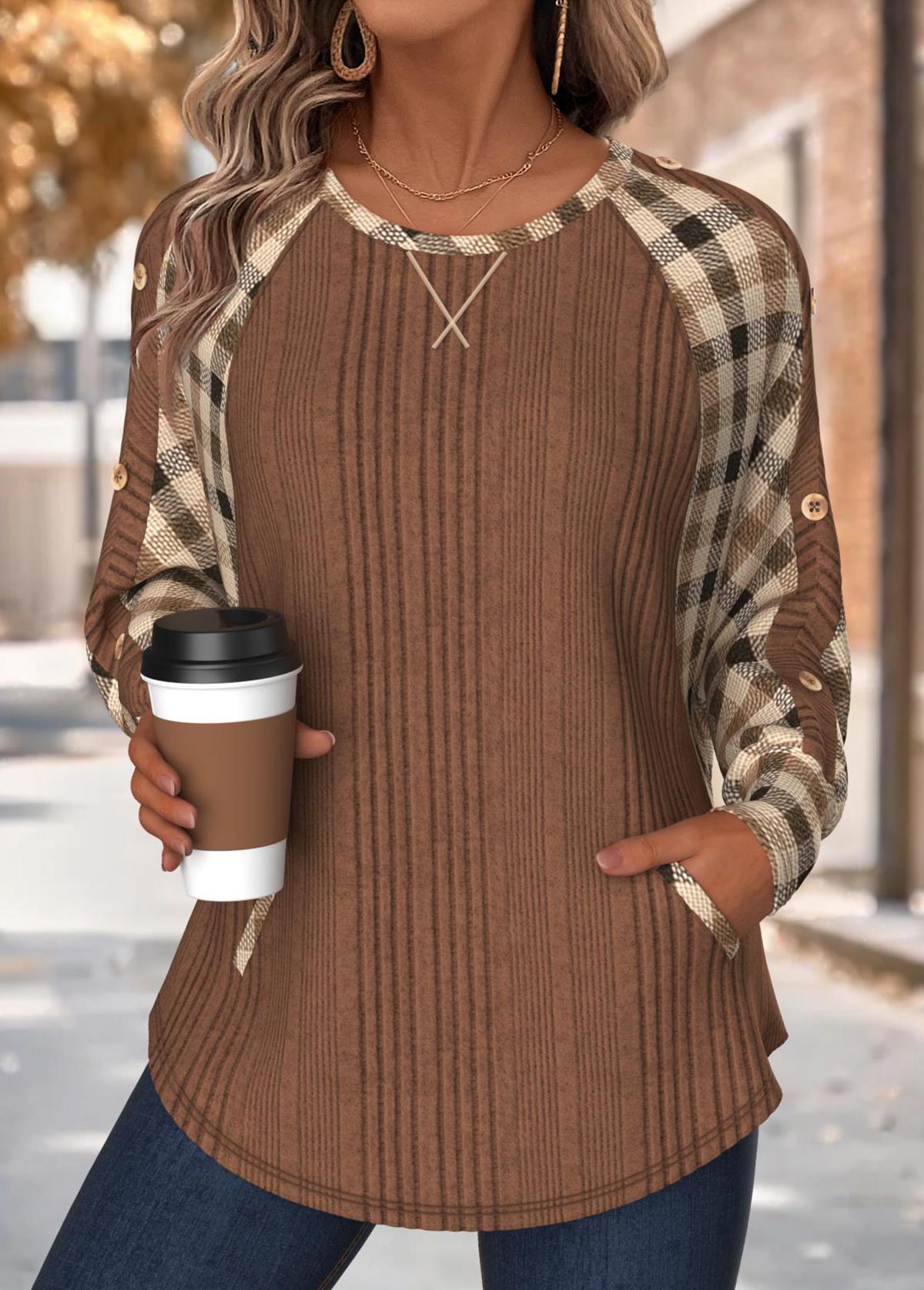 Plaid Tummy Coverage Dark Coffee Long Sleeve Sweatshirt