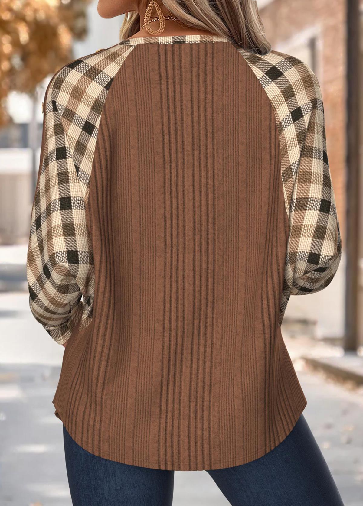 Plaid Tummy Coverage Dark Coffee Long Sleeve Sweatshirt