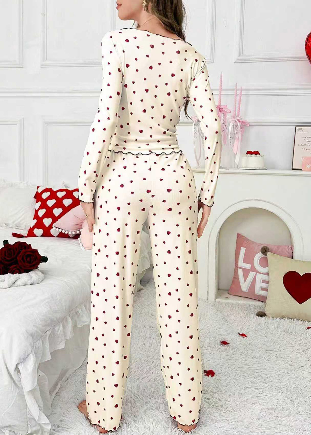 Heart Print Beige Long Sleeve Lounge Top and Pants