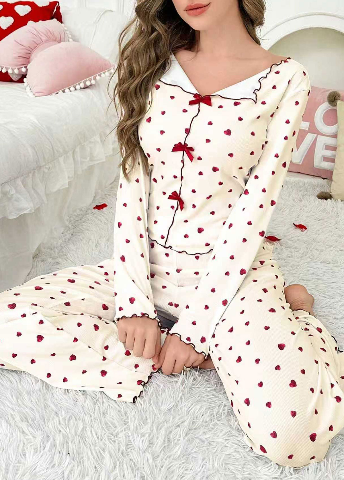 Heart Print Beige Long Sleeve Lounge Top and Pants