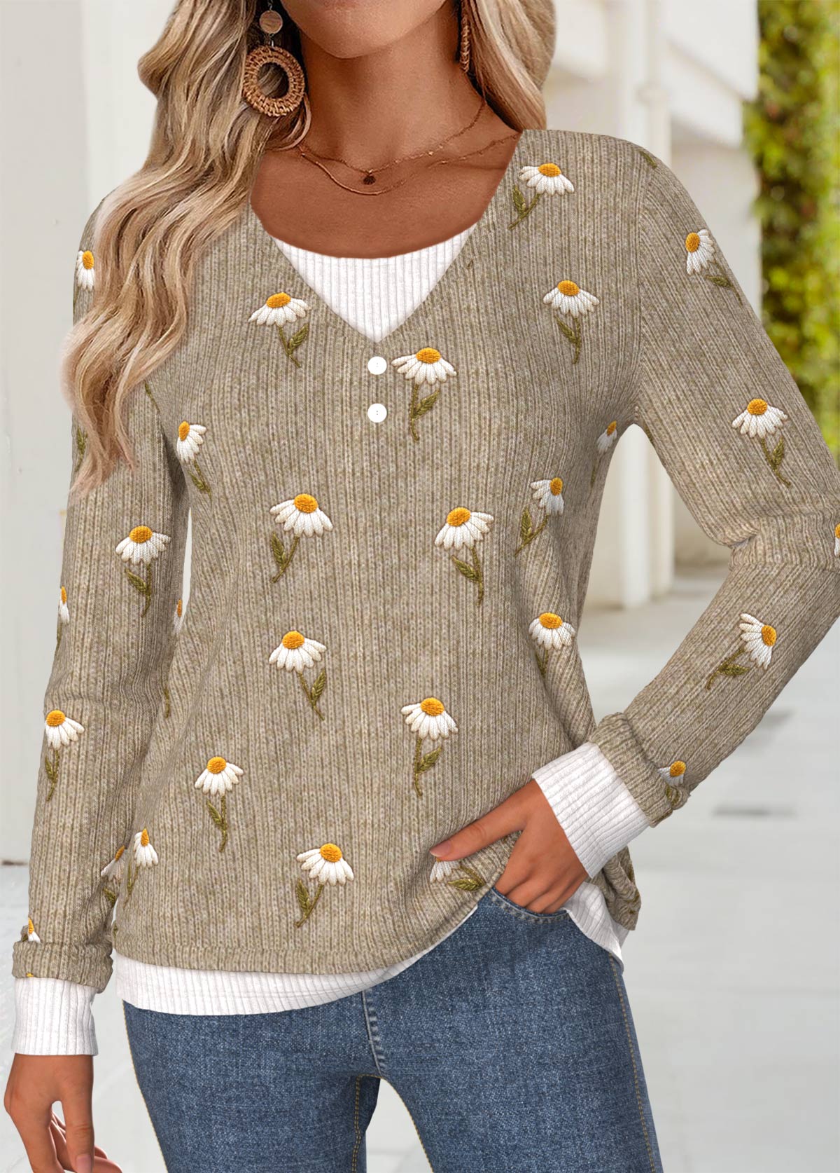 Daisy Print Tummy Coverage Dark Coffee T Shirt