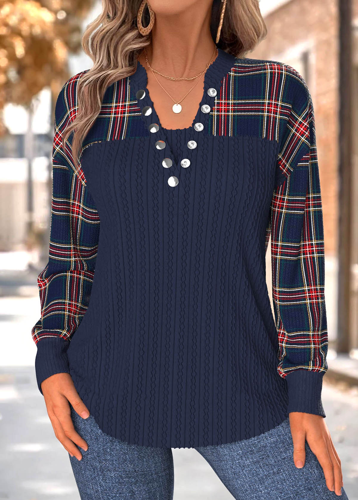 Plaid Tummy Coverage Navy Long Sleeve Split Neck Sweatshirt