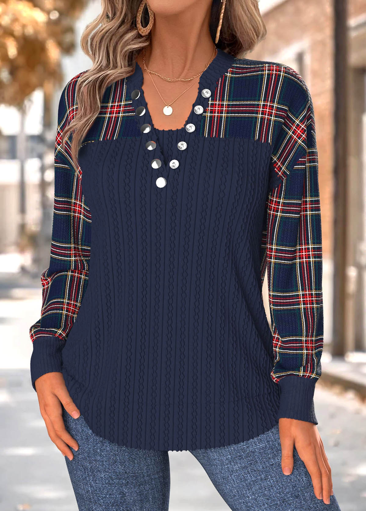 Plaid Tummy Coverage Navy Long Sleeve Split Neck Sweatshirt