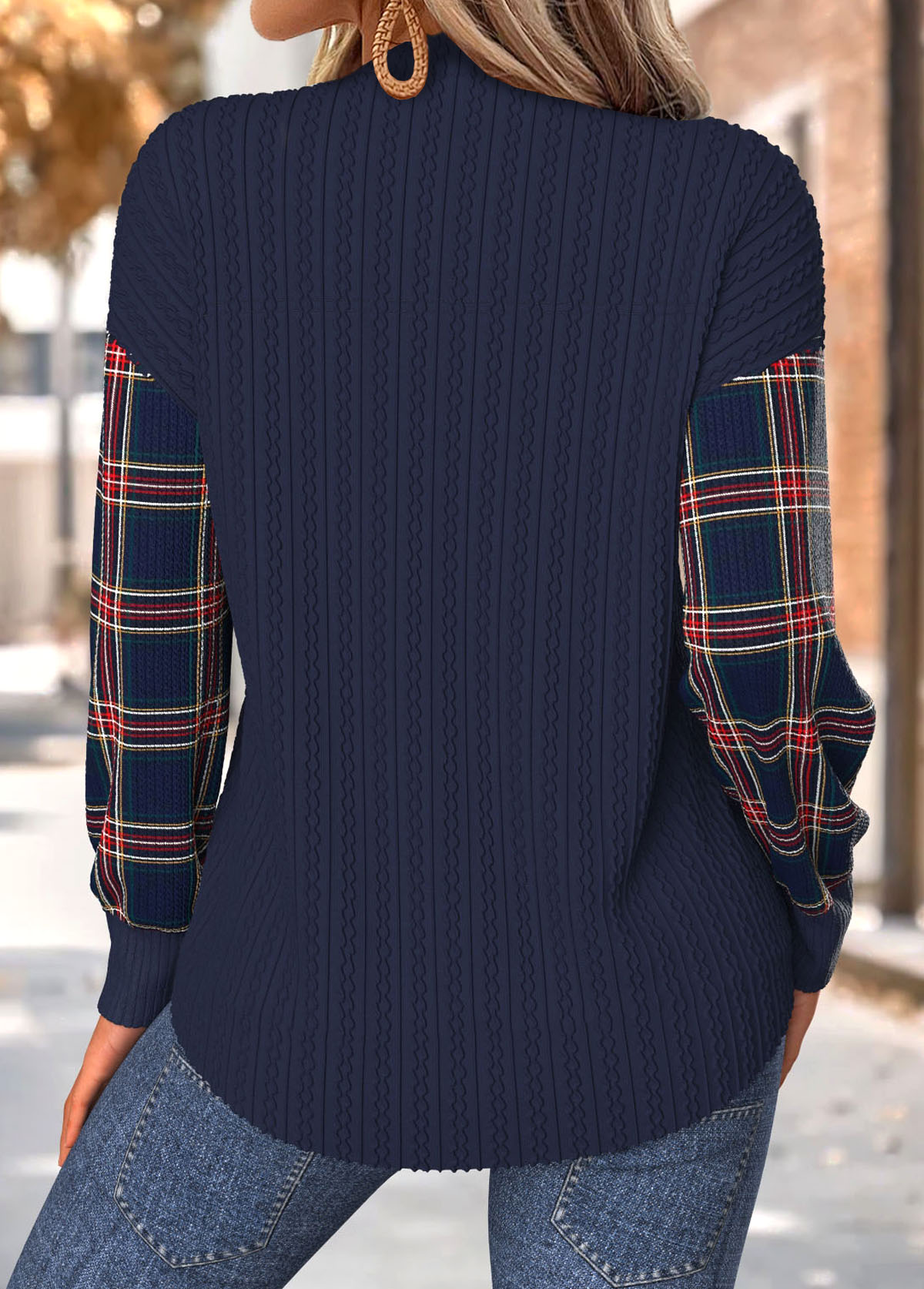 Plaid Tummy Coverage Navy Long Sleeve Split Neck Sweatshirt