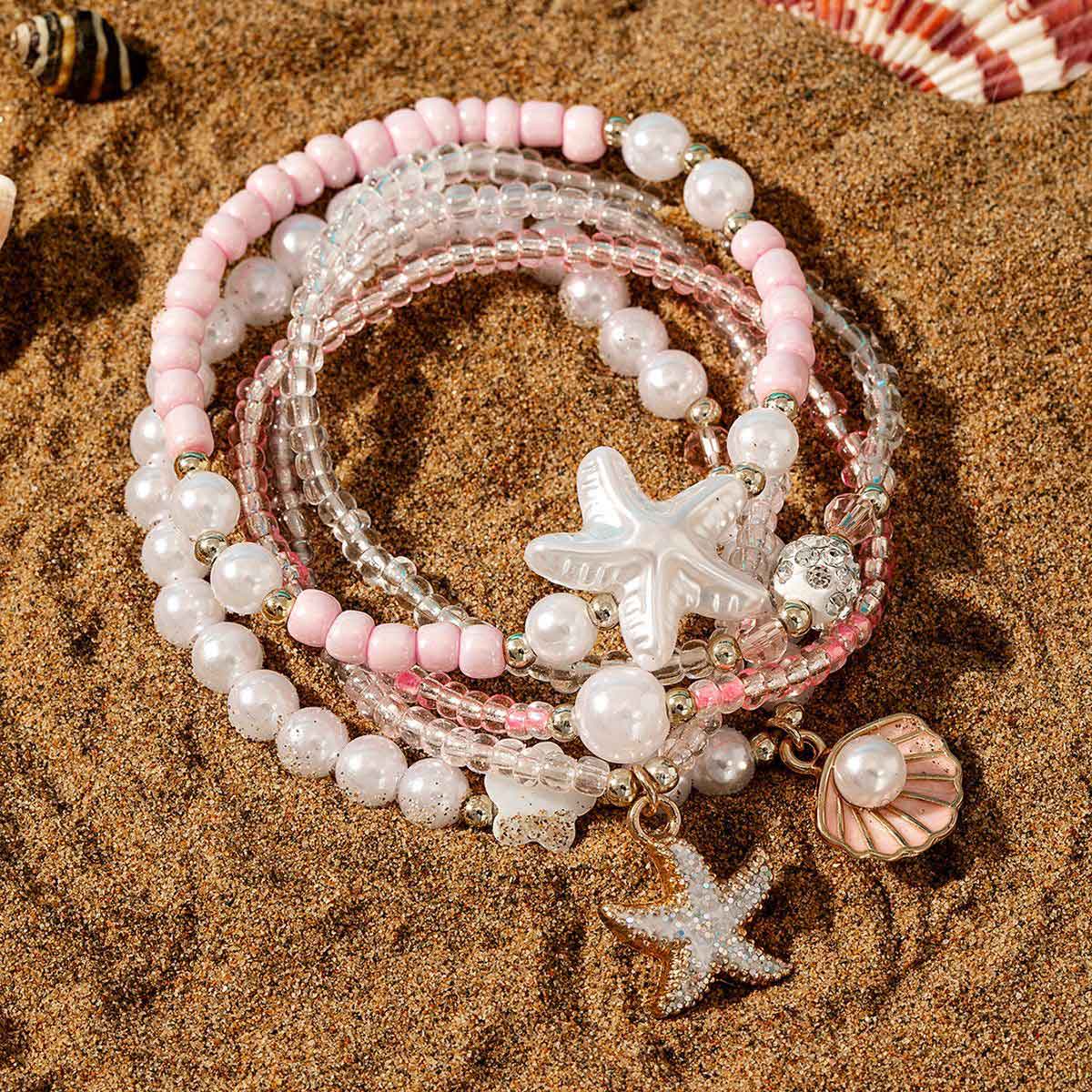 Pink Shell Seed Beads Bracelets Set