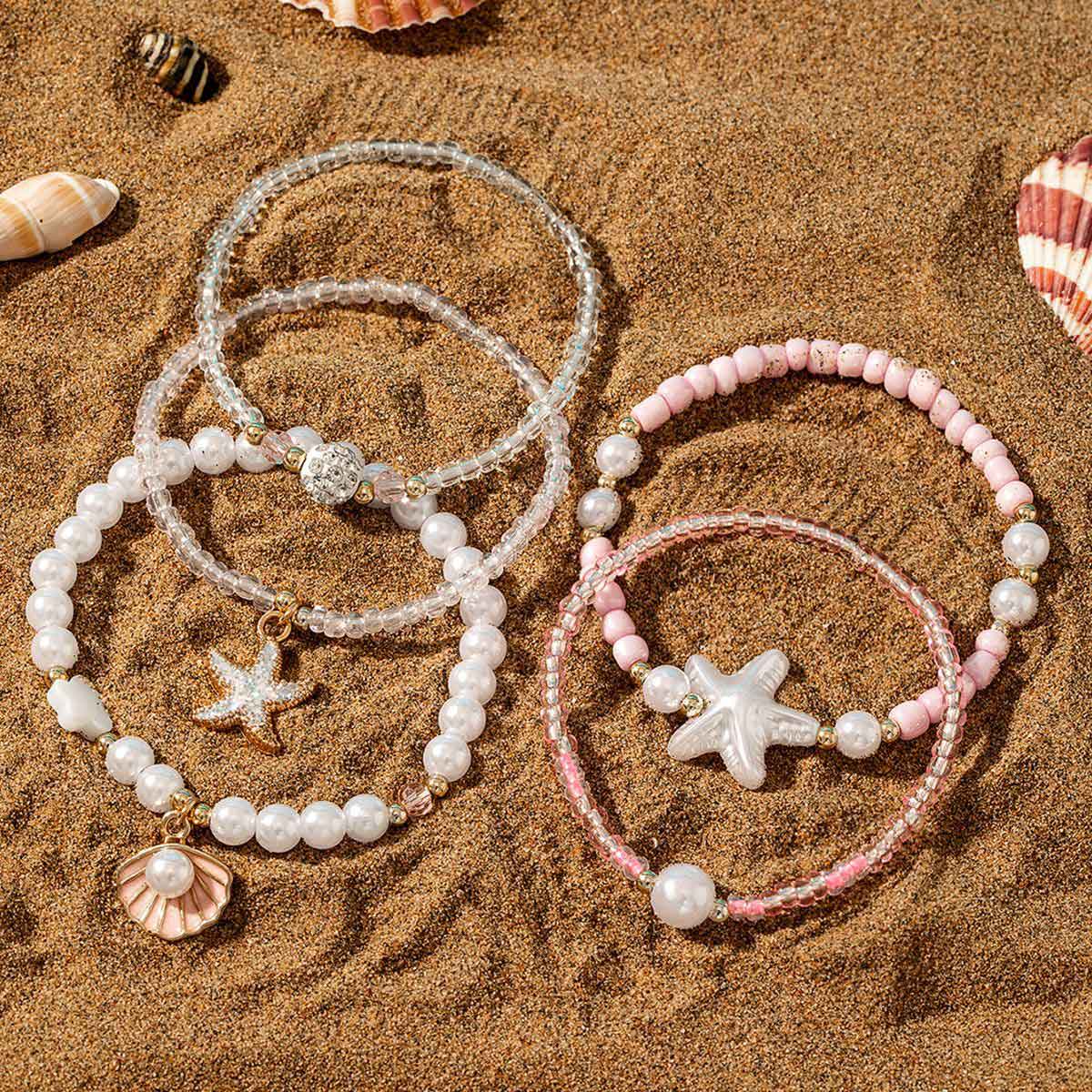 Pink Shell Seed Beads Bracelets Set