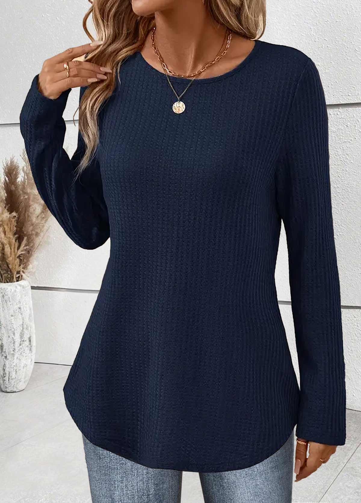 Tummy Coverage Navy Long Sleeve Round Neck T Shirt