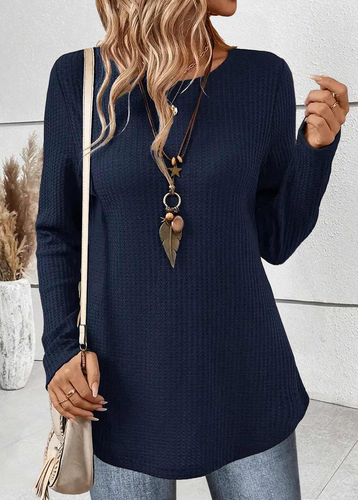 Tummy Coverage Navy Long Sleeve Round Neck T Shirt