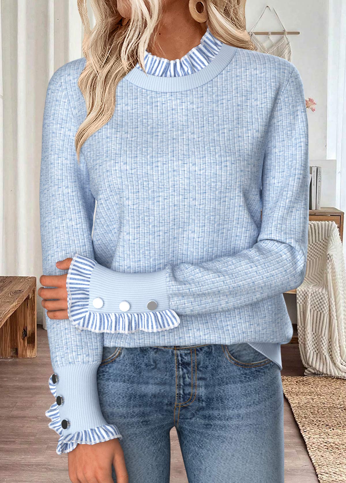 Striped Curved Hem Light Blue Long Sleeve Sweatshirt