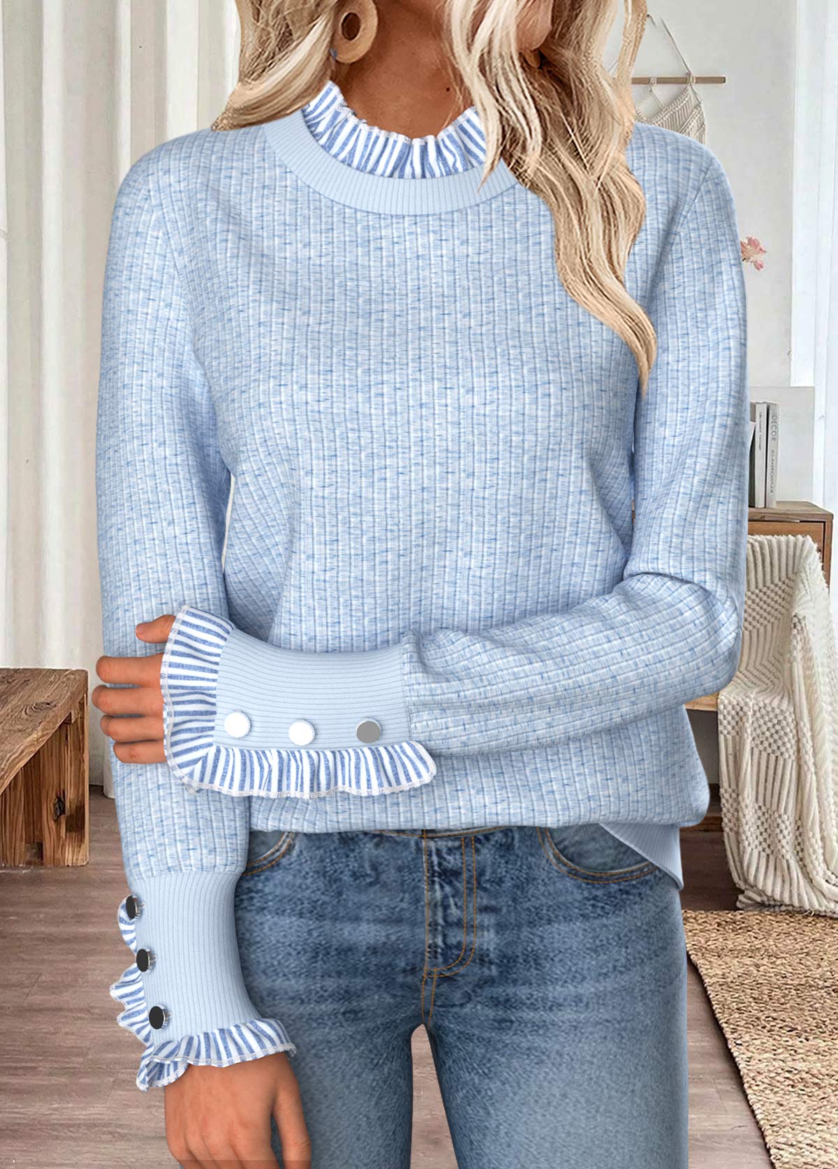 Striped Curved Hem Light Blue Long Sleeve Sweatshirt