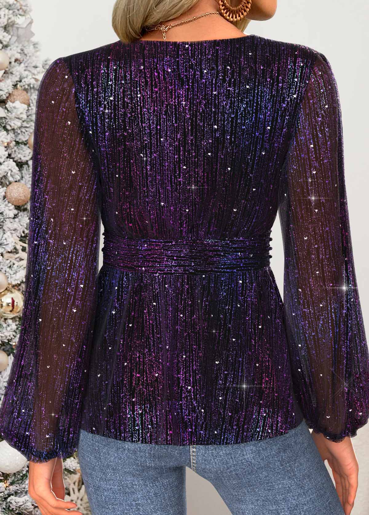 Tummy Coverage Multi Color Long Sleeve V Neck Blouse