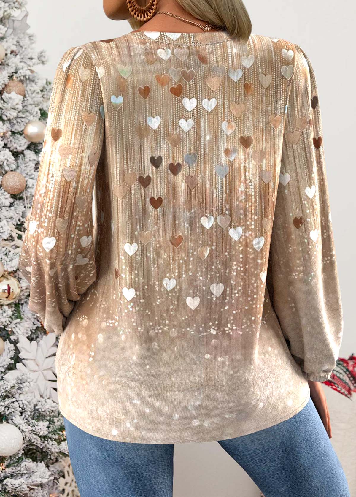 Heart Print Curved Hem Skin Color Long Sleeve Blouse