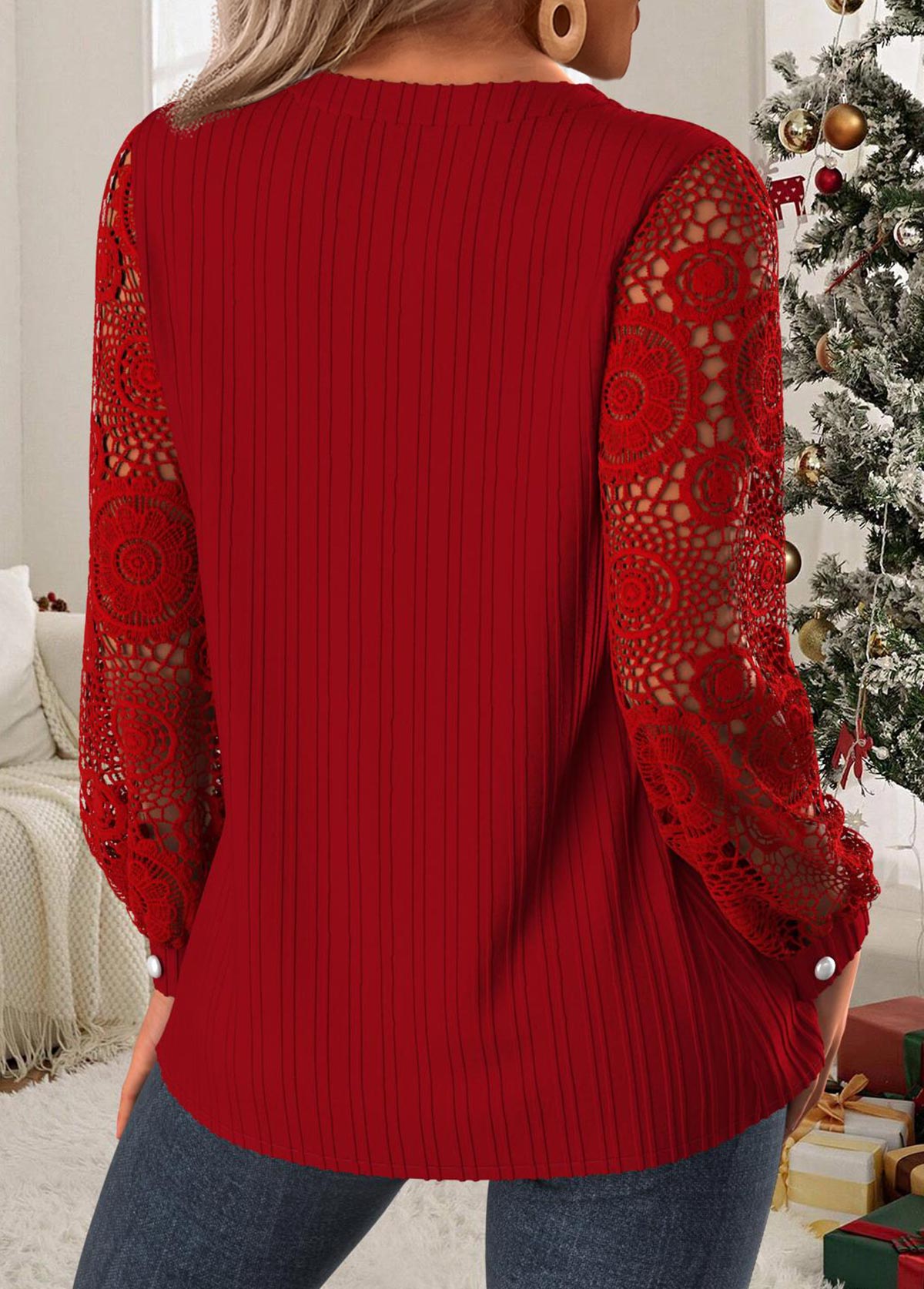 Tummy Coverage Wine Red Long Sleeve Split Neck Blouse