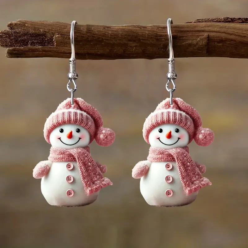 Christmas Pink Snowman Design Acrylic Earrings