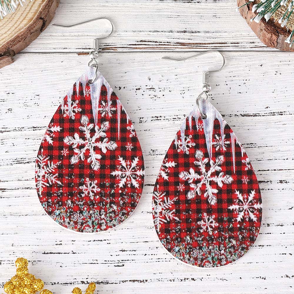 Christmas Wine Red Droplet Faux Leather Earrings