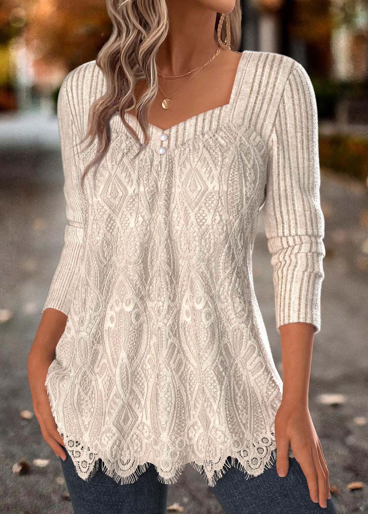 Tummy Coverage Beige Long Sleeve Square Neck T Shirt