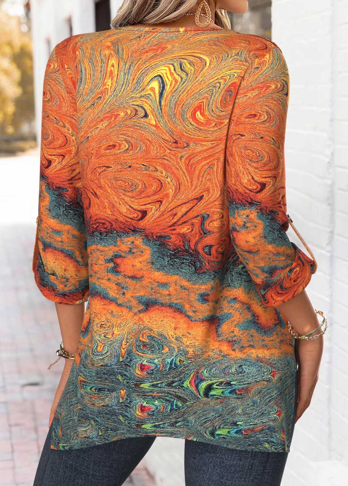 Ink Painting Print Tummy Coverage Orange Long Sleeve Blouse