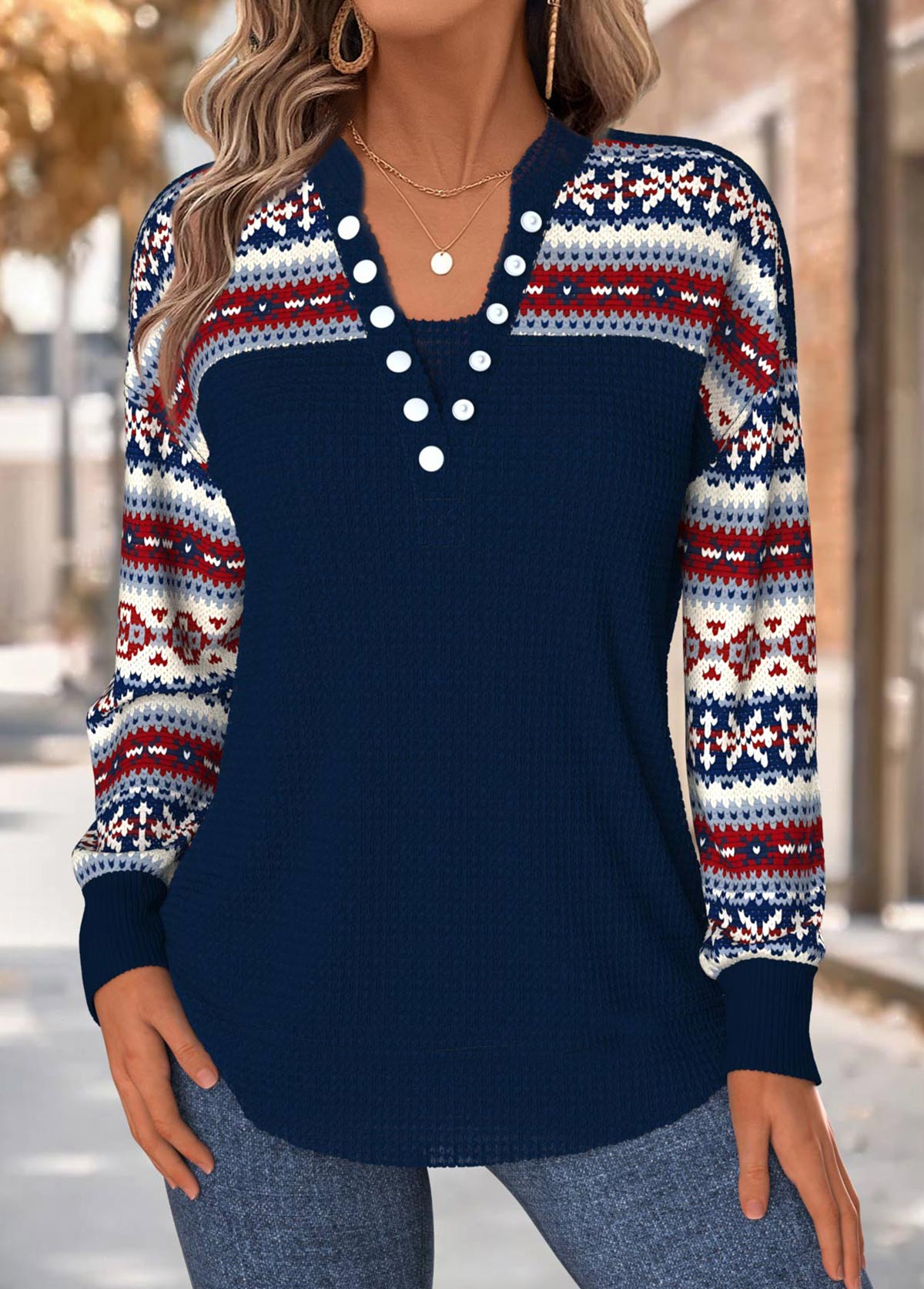Tribal Print Tummy Coverage Navy Long Sleeve Sweatshirt