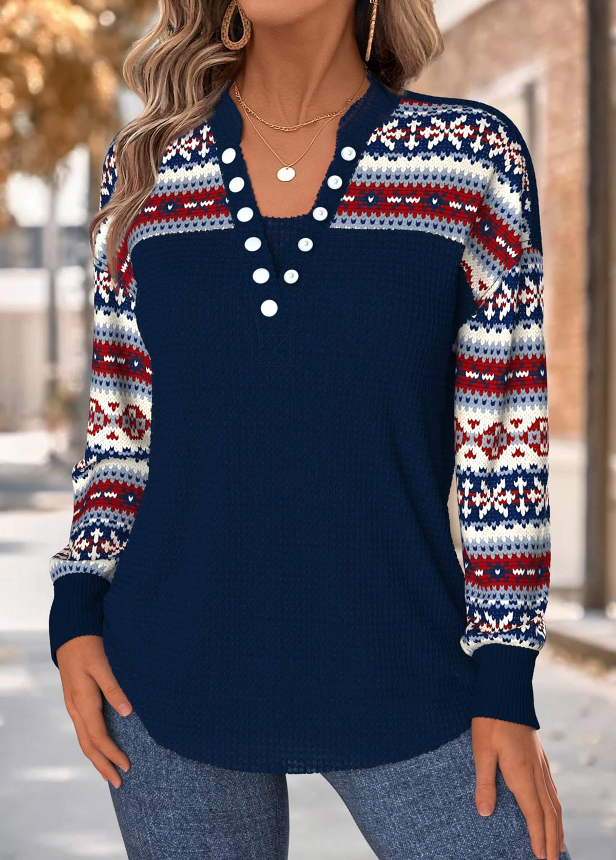 Tribal Print Tummy Coverage Navy Long Sleeve Sweatshirt