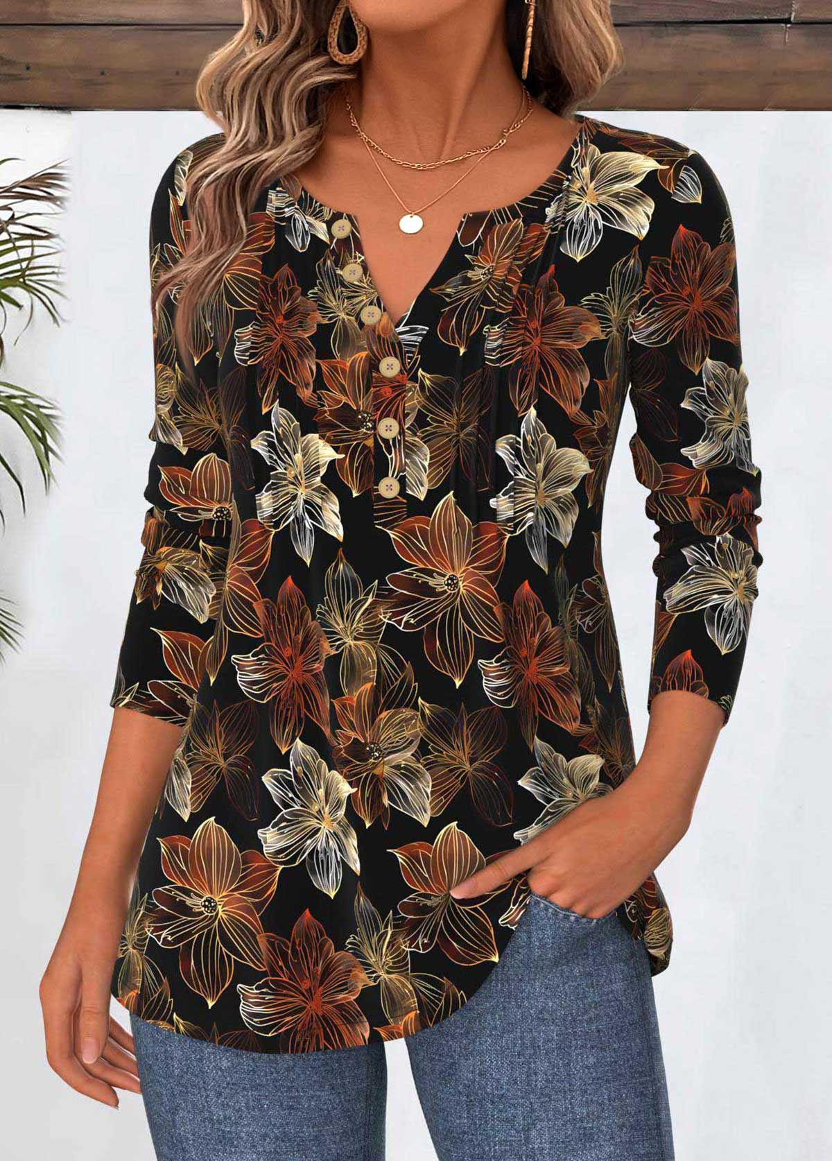 Floral Print Tummy Coverage Black Long Sleeve T Shirt