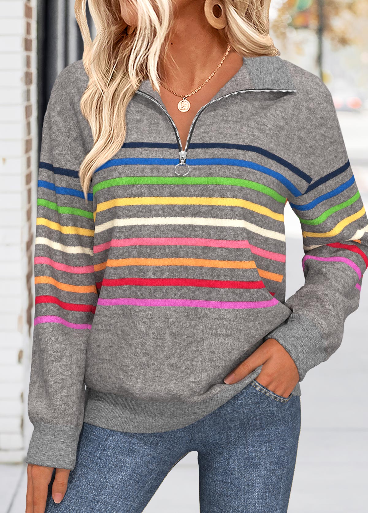 Multi Stripe Print Tummy Coverage Dark Grey Sweatshirt