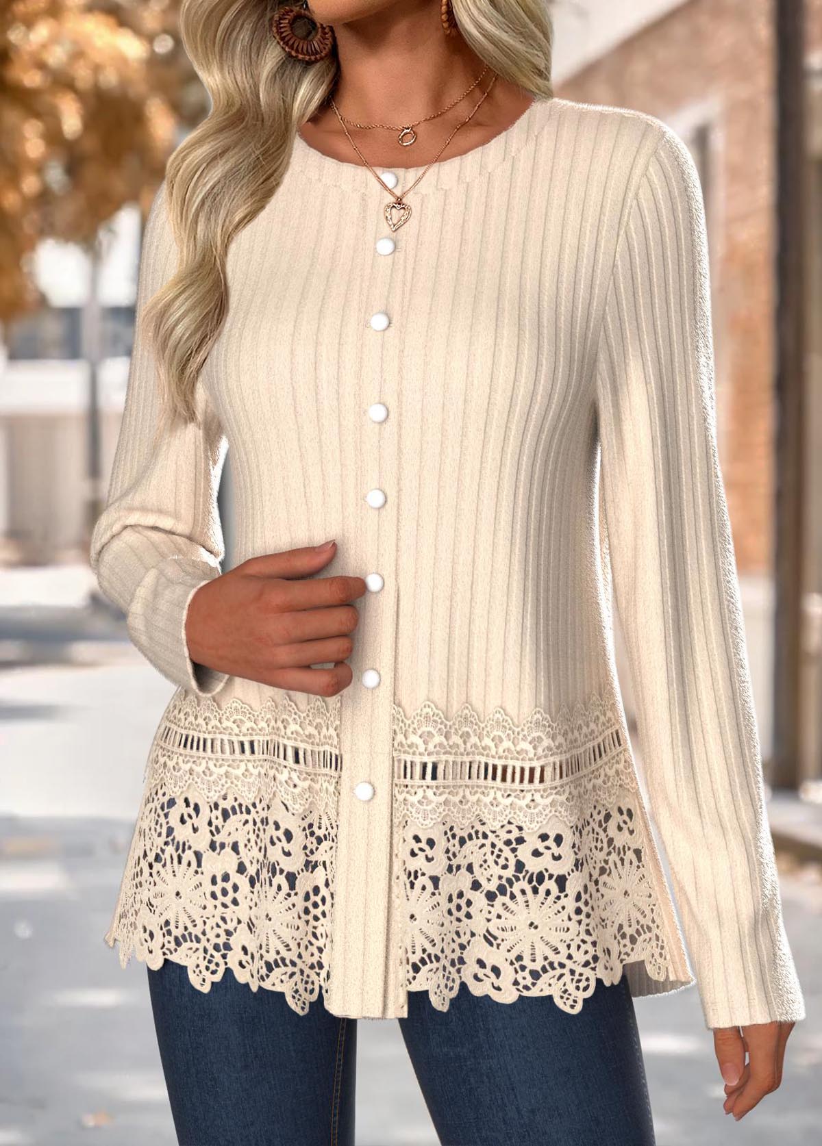 Tummy Coverage Beige Long Sleeve Round Neck T Shirt