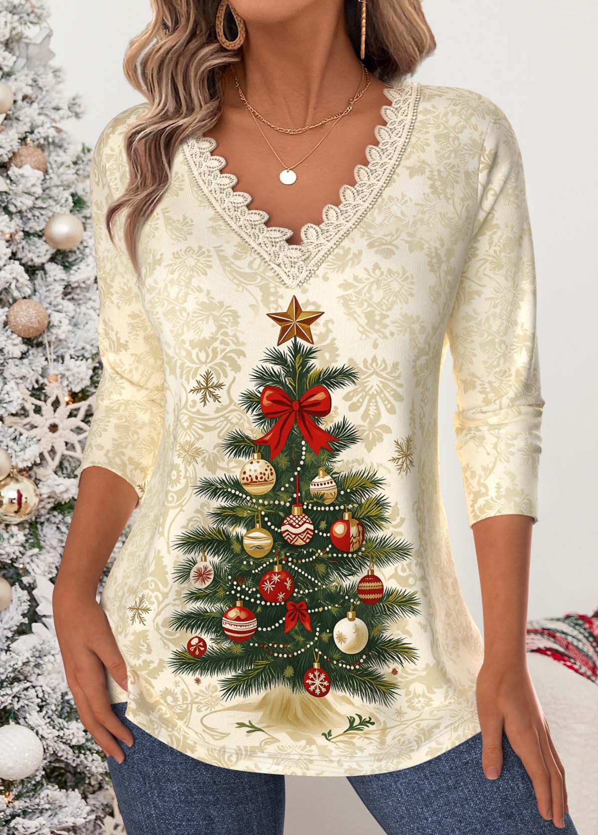 Christmas Tummy Coverage Beige Long Sleeve T Shirt