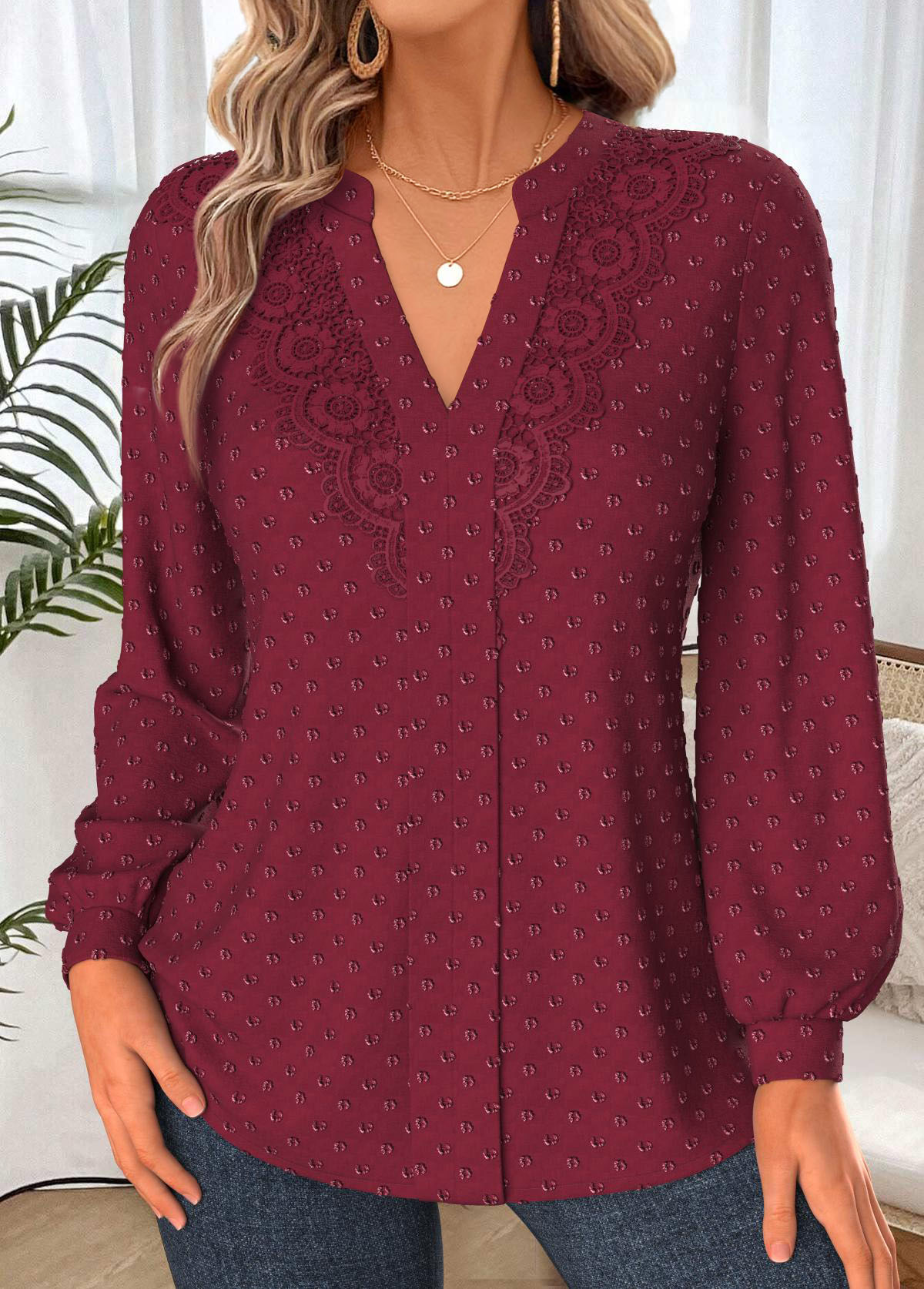 Tummy Coverage Wine Red Long Sleeve Split Neck Shirt