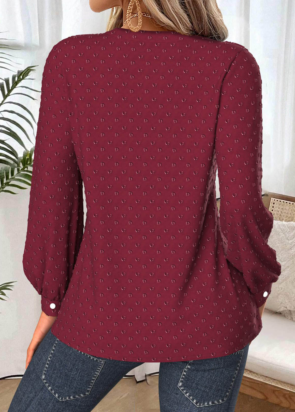 Tummy Coverage Wine Red Long Sleeve Split Neck Shirt