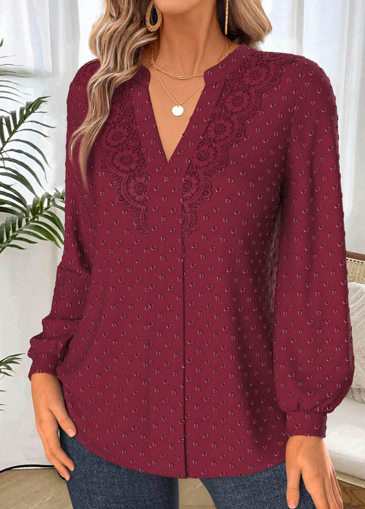 Tummy Coverage Wine Red Long Sleeve Split Neck Shirt