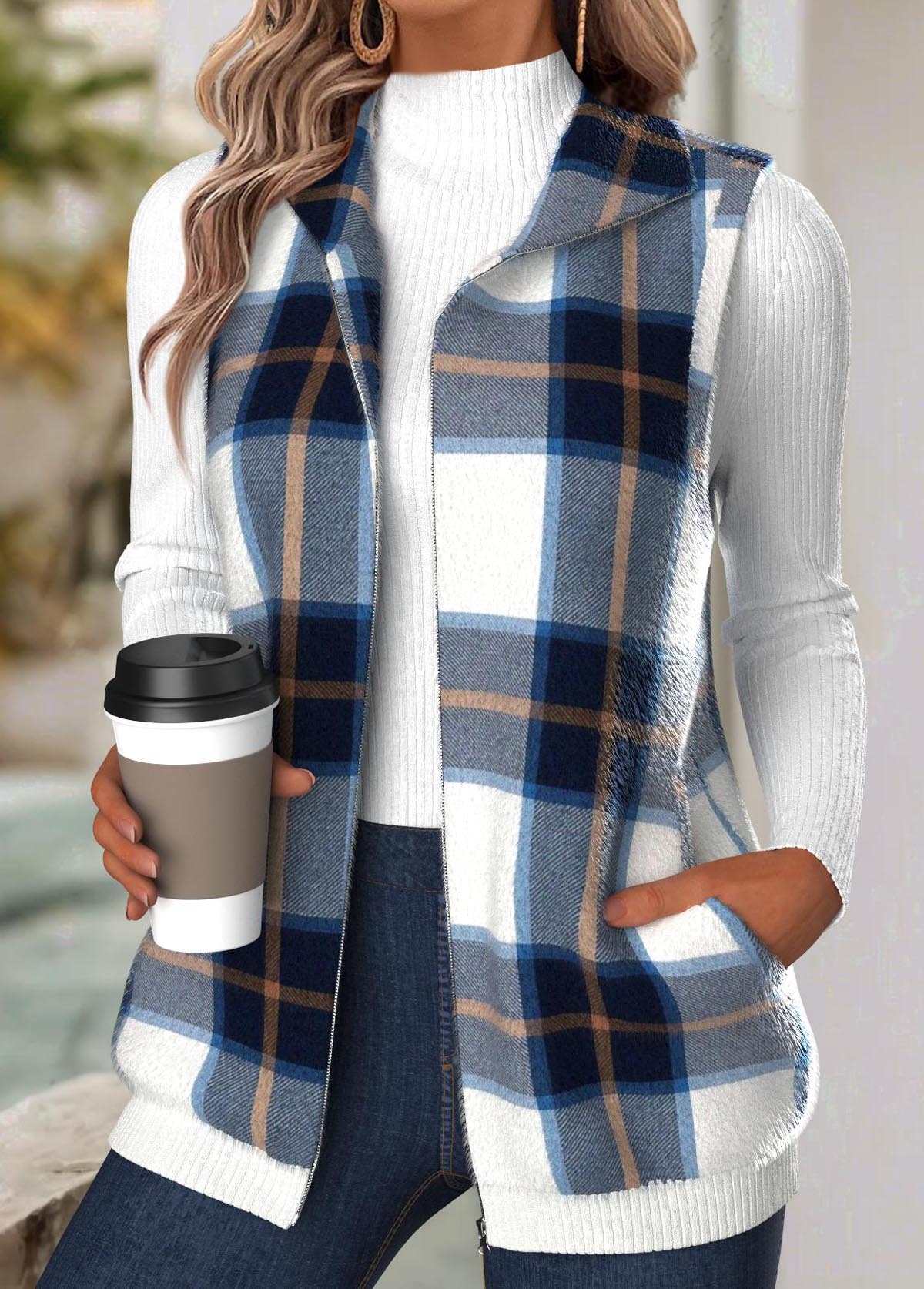 Plaid Tummy Coverage Navy Sleeveless Turn Down Collar Waistcoat