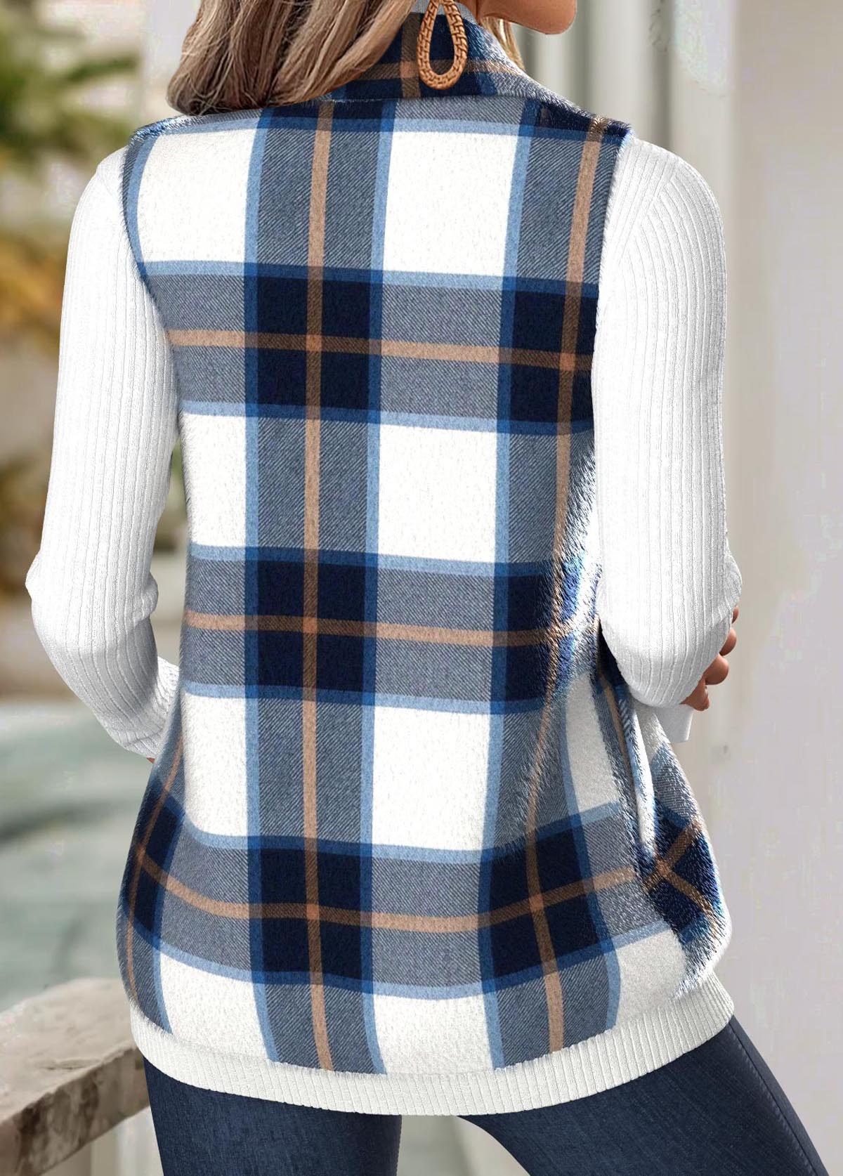 Plaid Tummy Coverage Navy Sleeveless Turn Down Collar Waistcoat