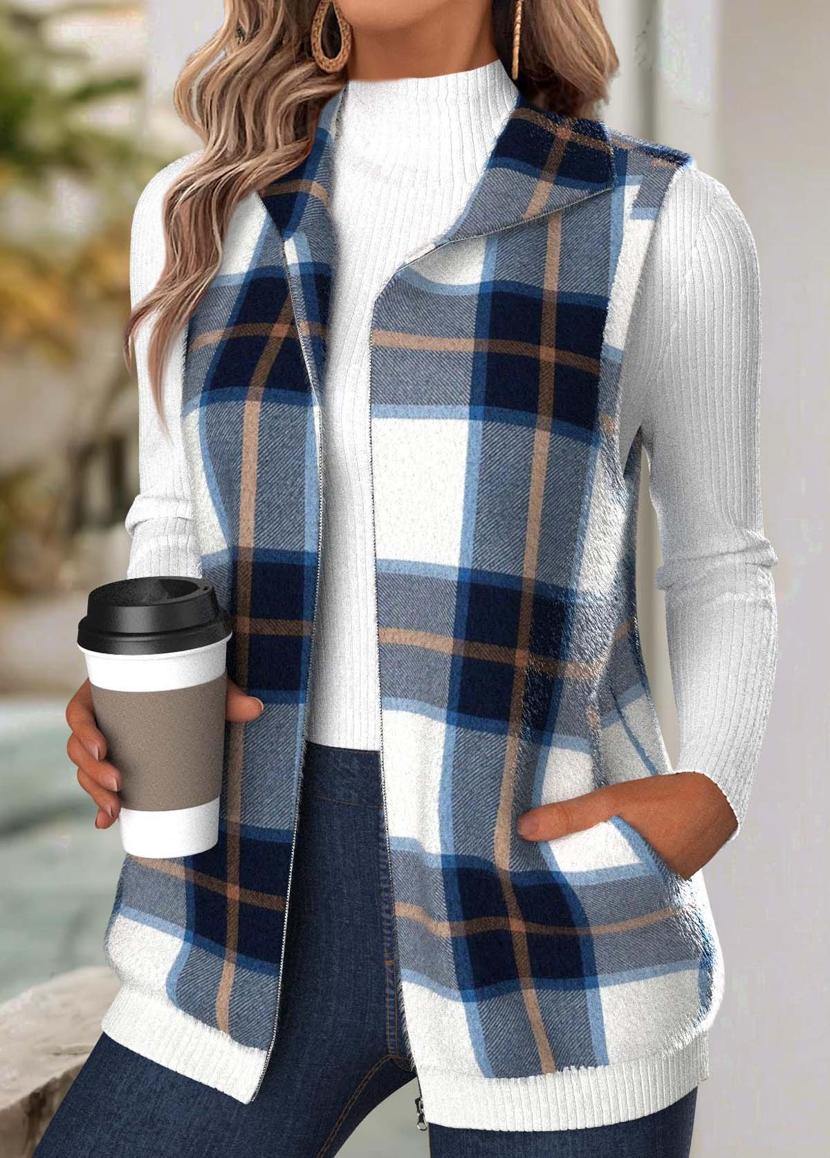 Plaid Tummy Coverage Navy Sleeveless Turn Down Collar Waistcoat