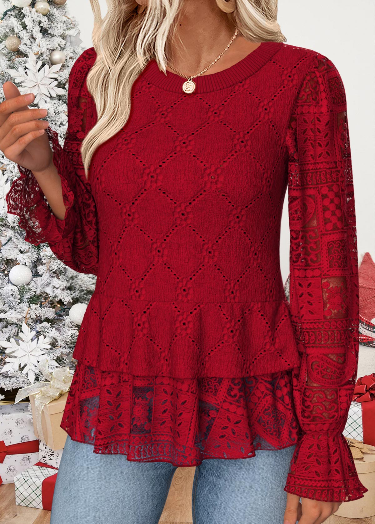 Patchwork Red Long Sleeve Round Neck Blouse
