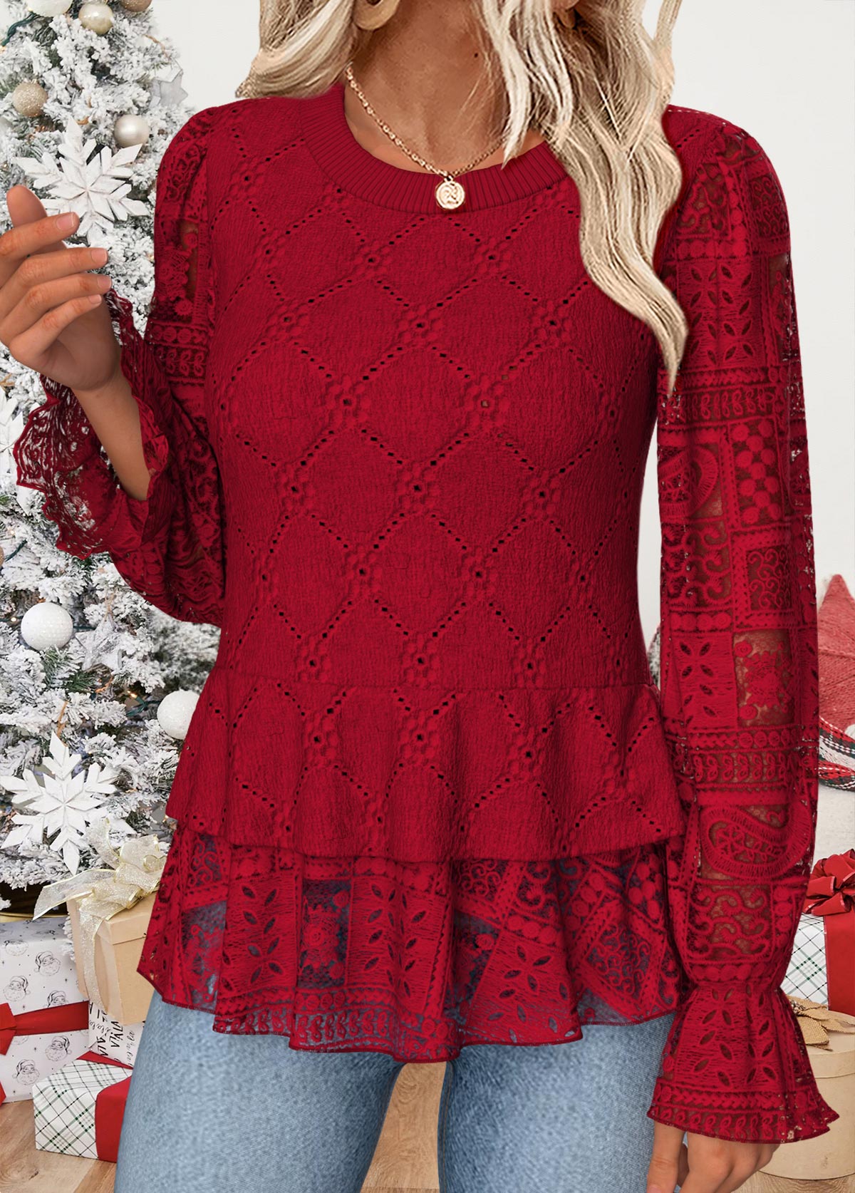 Patchwork Red Long Sleeve Round Neck Blouse